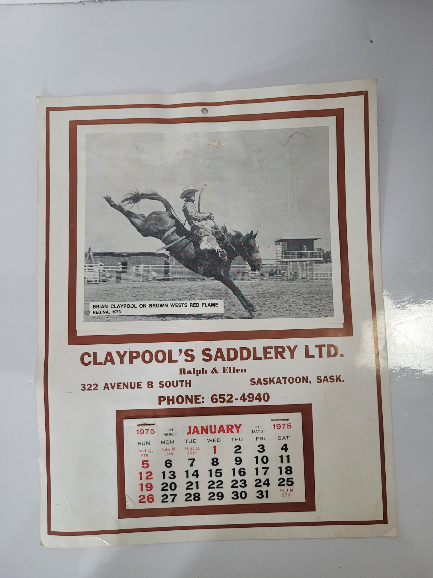 1975 Claypool’s Saddlery Brian Claypool Rodeo Advertising Calendar – Saskatoon