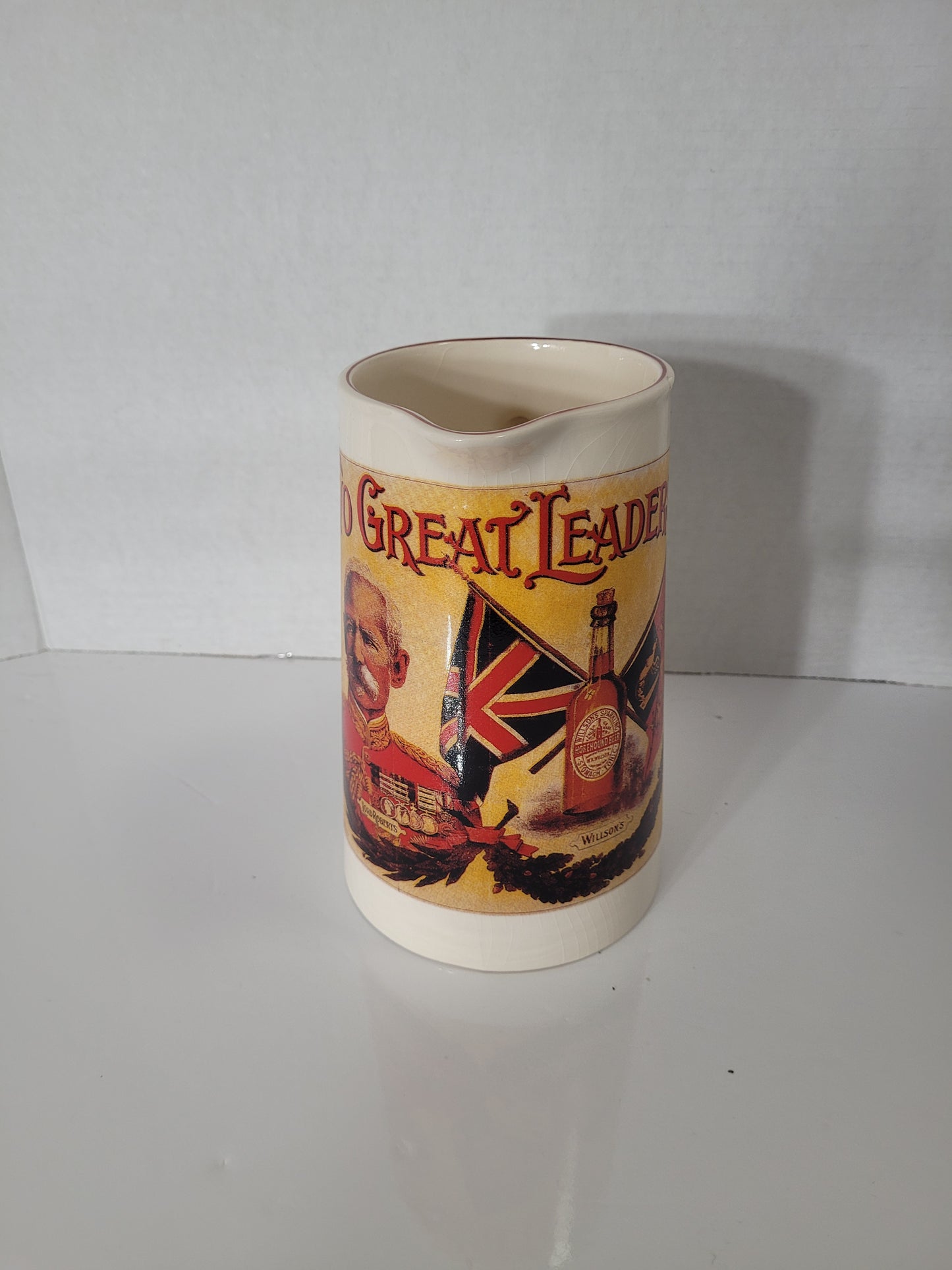 Vintage English “Two Great Leaders” Lord Roberts Advertising Ceramic Pitcher – 7"
