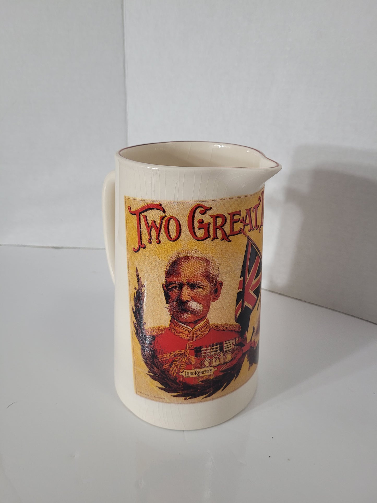 Vintage English “Two Great Leaders” Lord Roberts Advertising Ceramic Pitcher – 7"