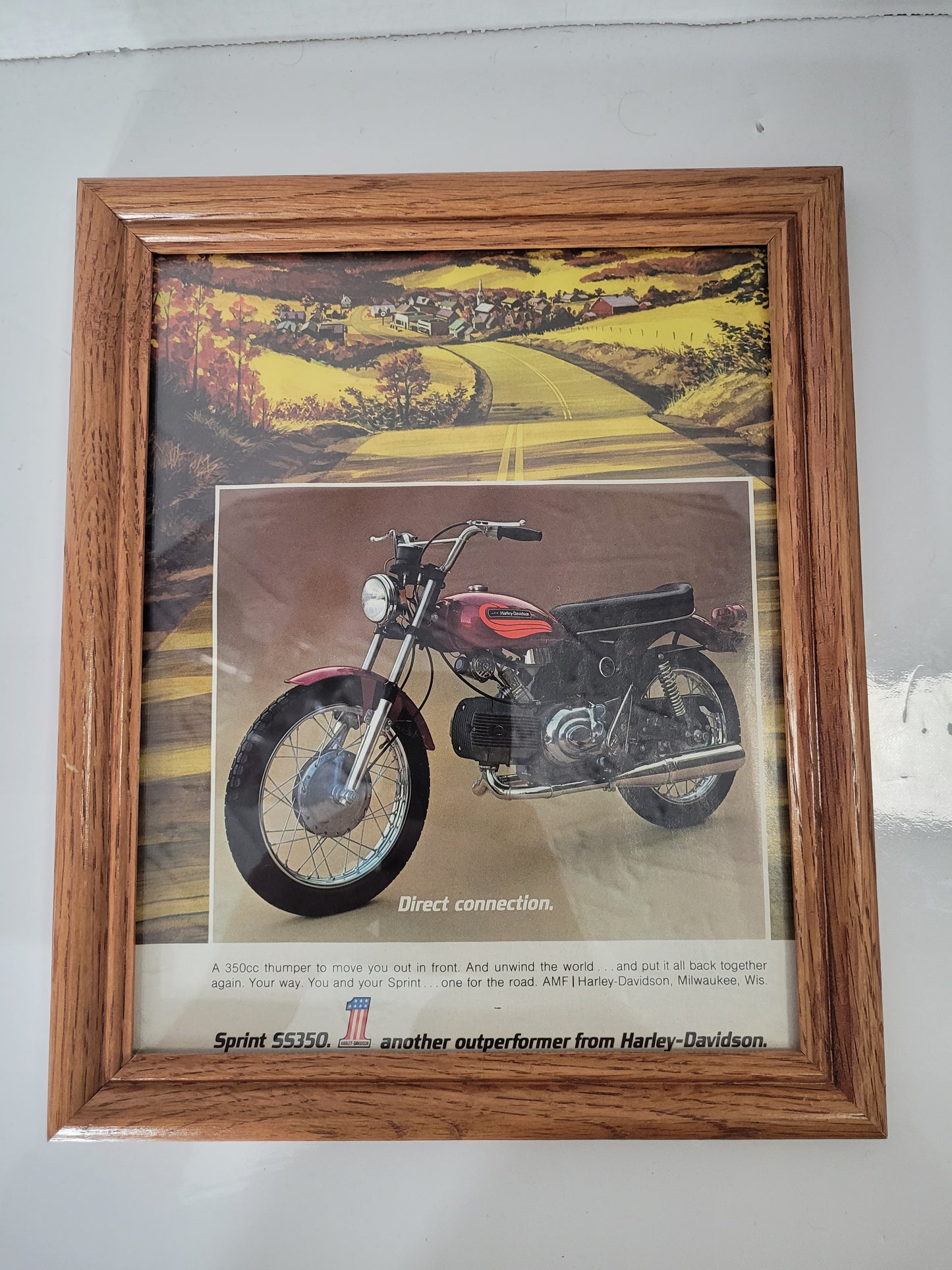 Vintage AMF Harley-Davidson Sprint SS350 Framed Motorcycle Advertisement – 9.5" × 11.5"