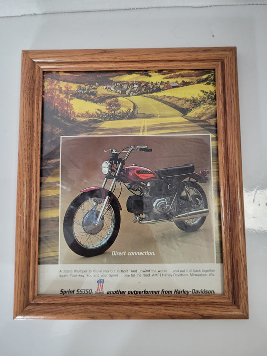 Vintage AMF Harley-Davidson Sprint SS350 Framed Motorcycle Advertisement – 9.5" × 11.5"