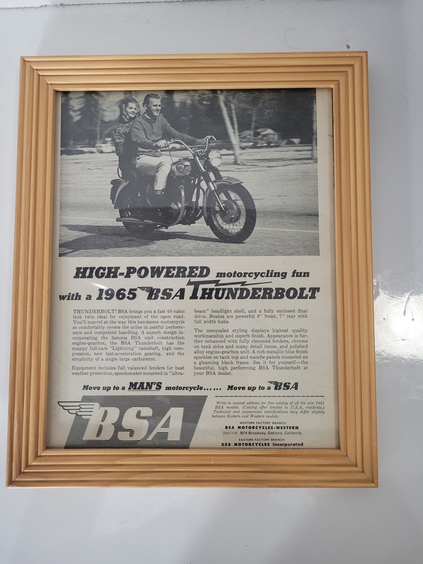 Vintage 1965 BSA Thunderbolt Motorcycle Advertisement – Framed 9.5" × 11.5"