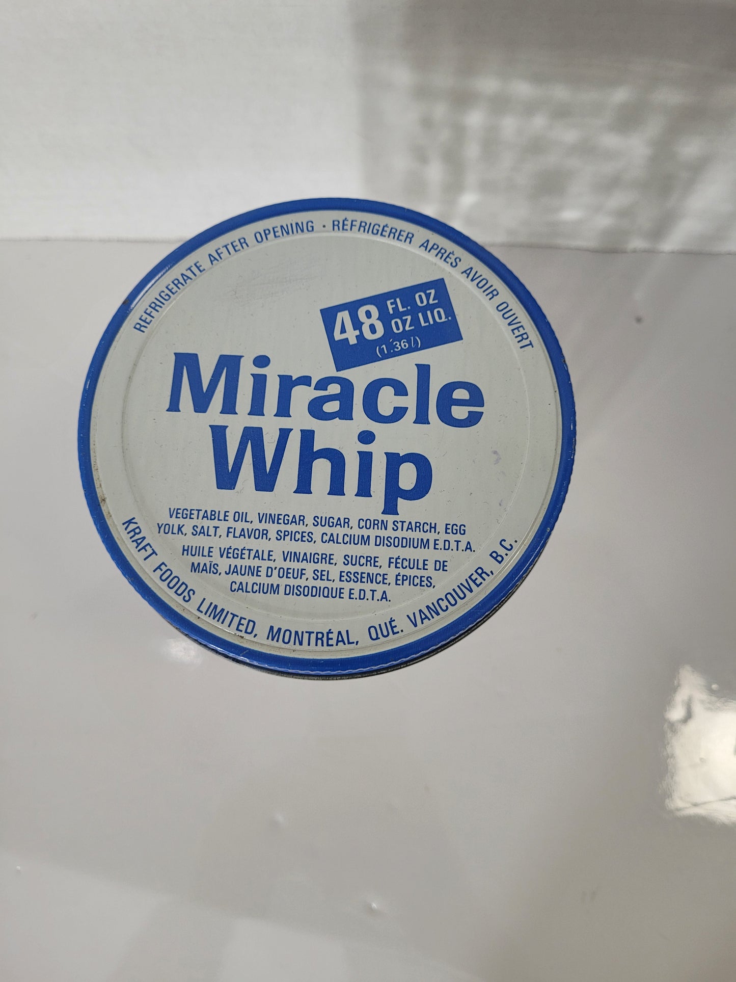 Vintage Canadian Miracle Whip 48 oz Glass Jar with Original Metal Lid