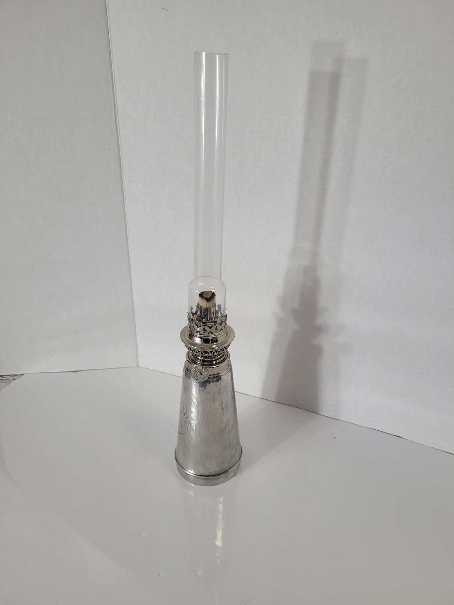 Vintage Limoil Val-David Hammered Pewter Oil Lamp with Glass Chimney