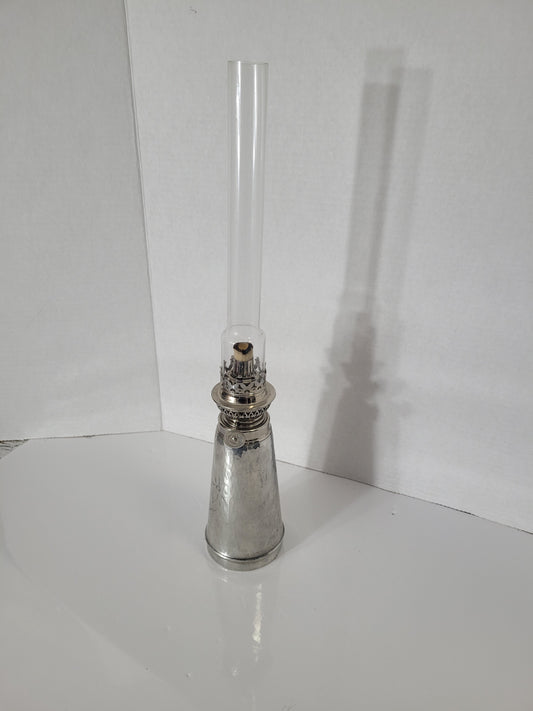 Vintage Limoil Val-David Hammered Pewter Oil Lamp with Glass Chimney