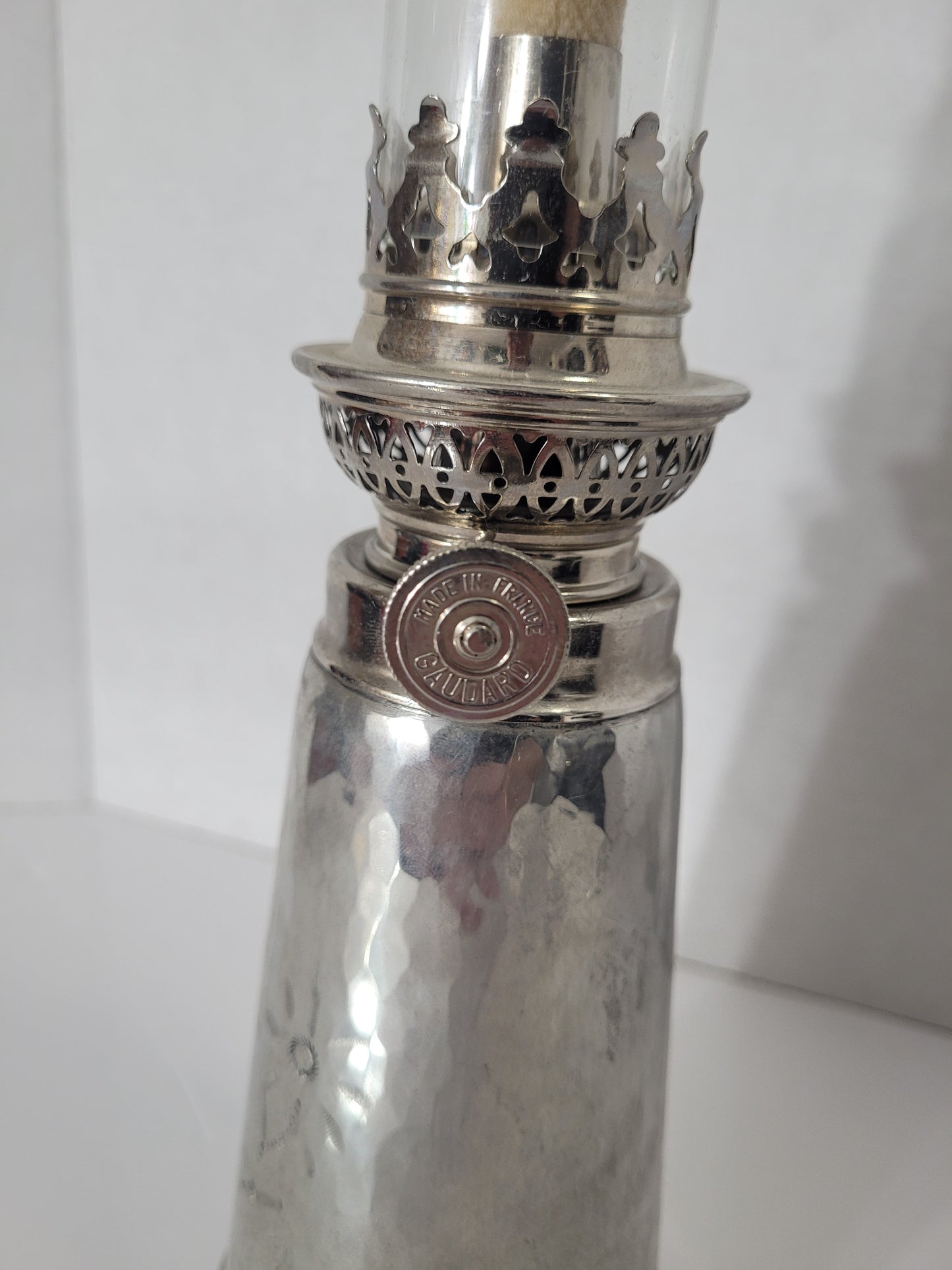 Vintage Limoil Val-David Hammered Pewter Oil Lamp with Glass Chimney
