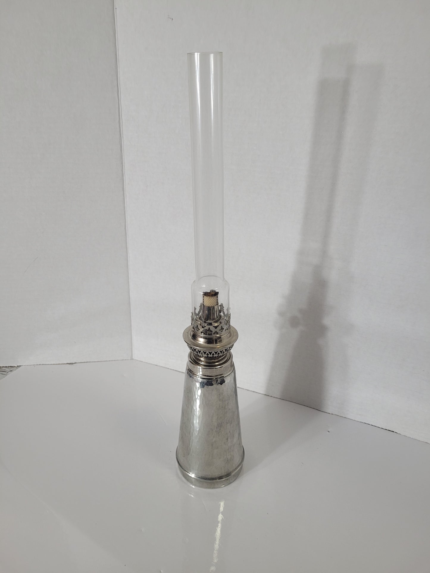 Vintage Limoil Val-David Hammered Pewter Oil Lamp with Glass Chimney