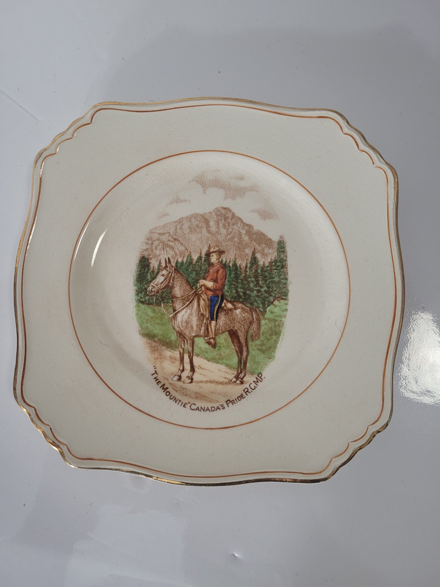 Vintage Royal Winton Grimwades “The Mountie – Canada’s Pride R.C.M.P.” Souvenir Plate – 6" × 6"