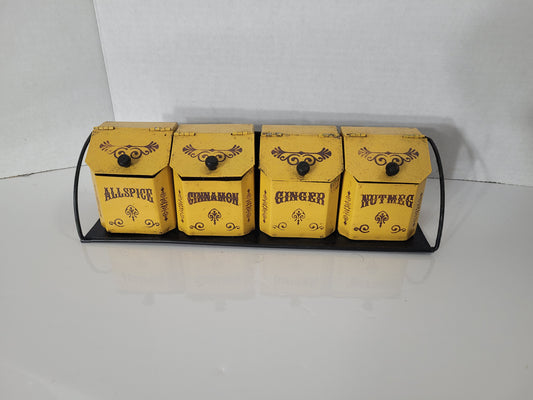 Vintage Yellow Metal Spice Canister Set with Wall Rack – 4 Piece