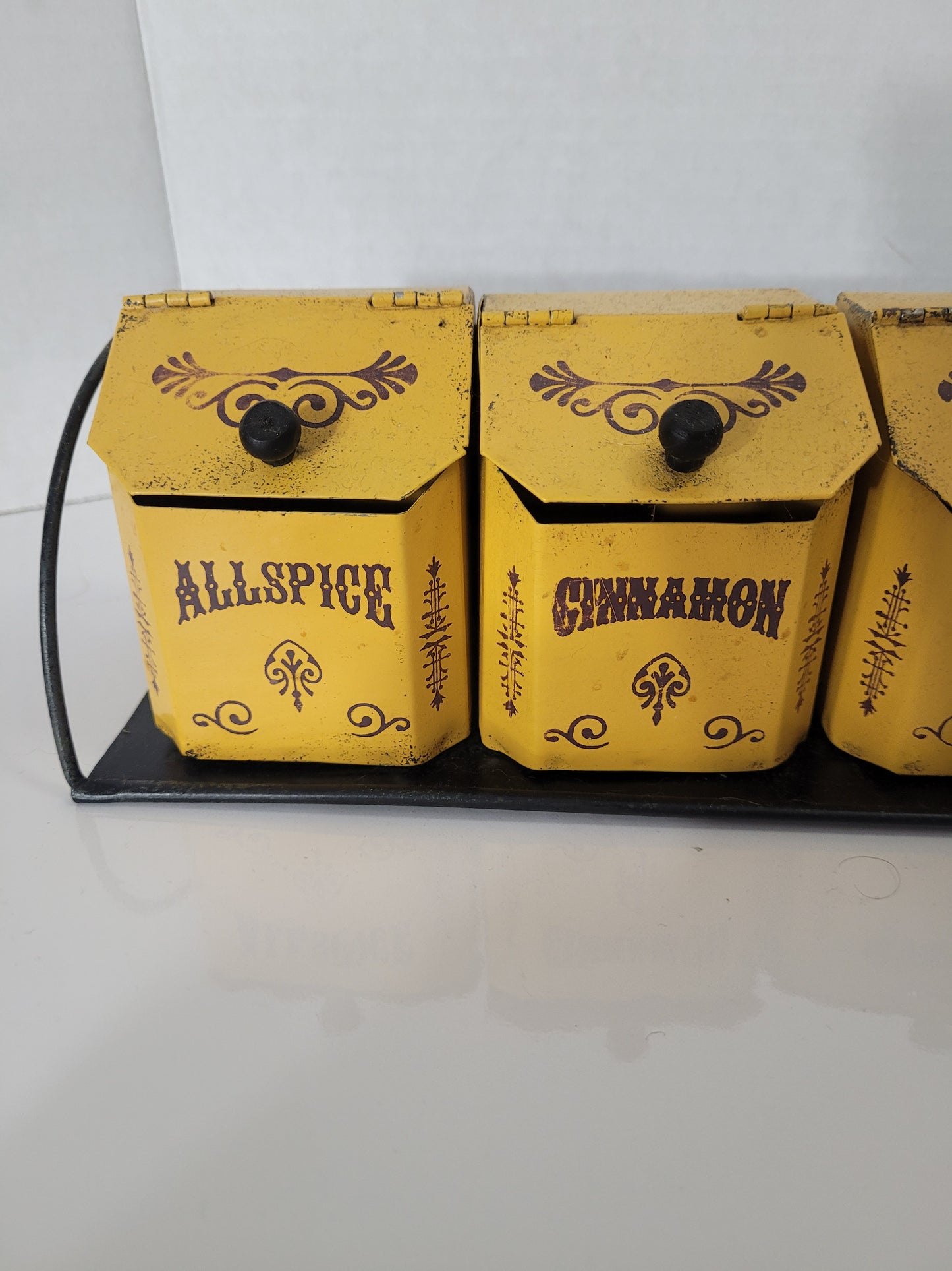 Vintage Yellow Metal Spice Canister Set with Wall Rack – 4 Piece