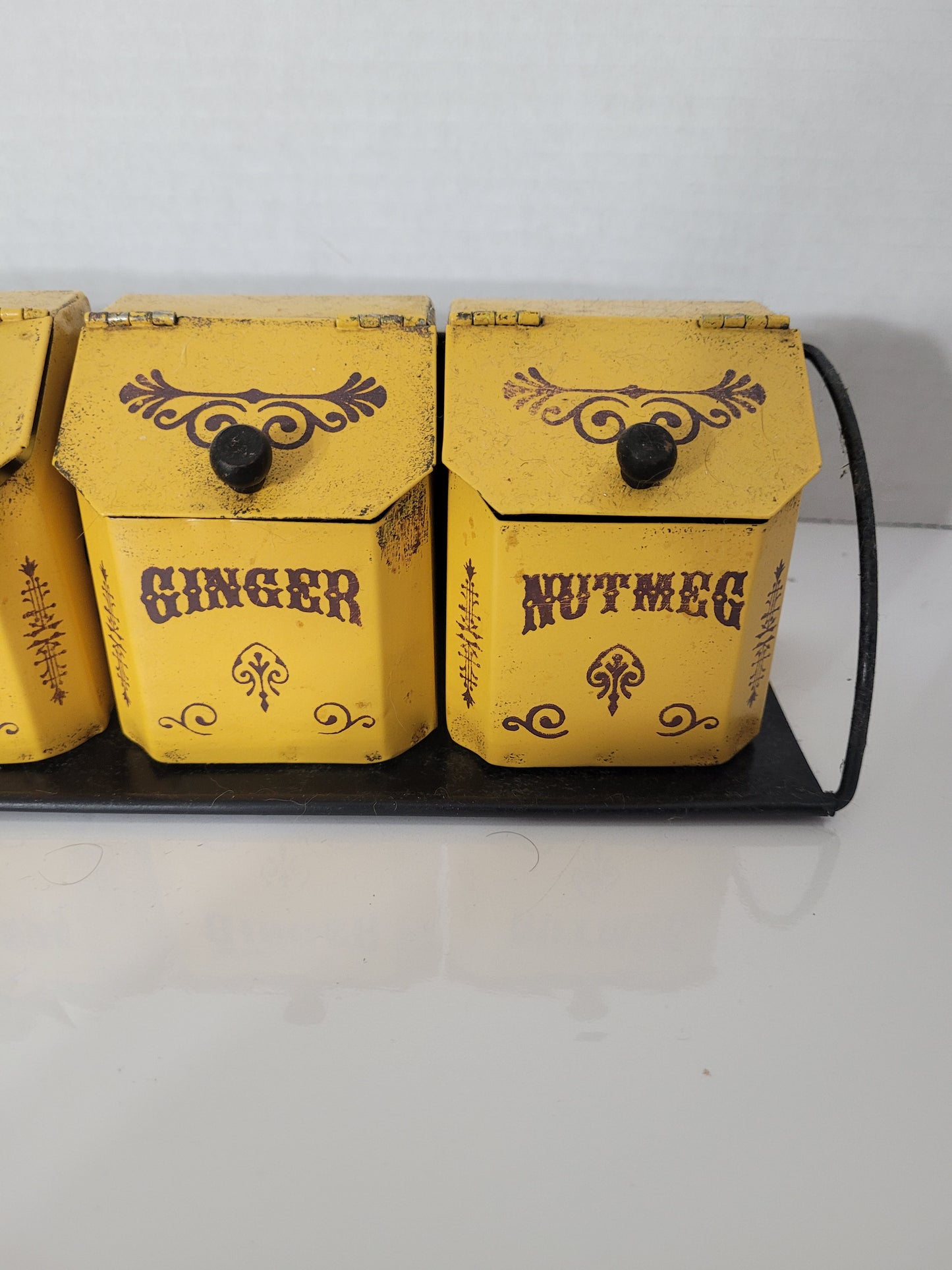Vintage Yellow Metal Spice Canister Set with Wall Rack – 4 Piece