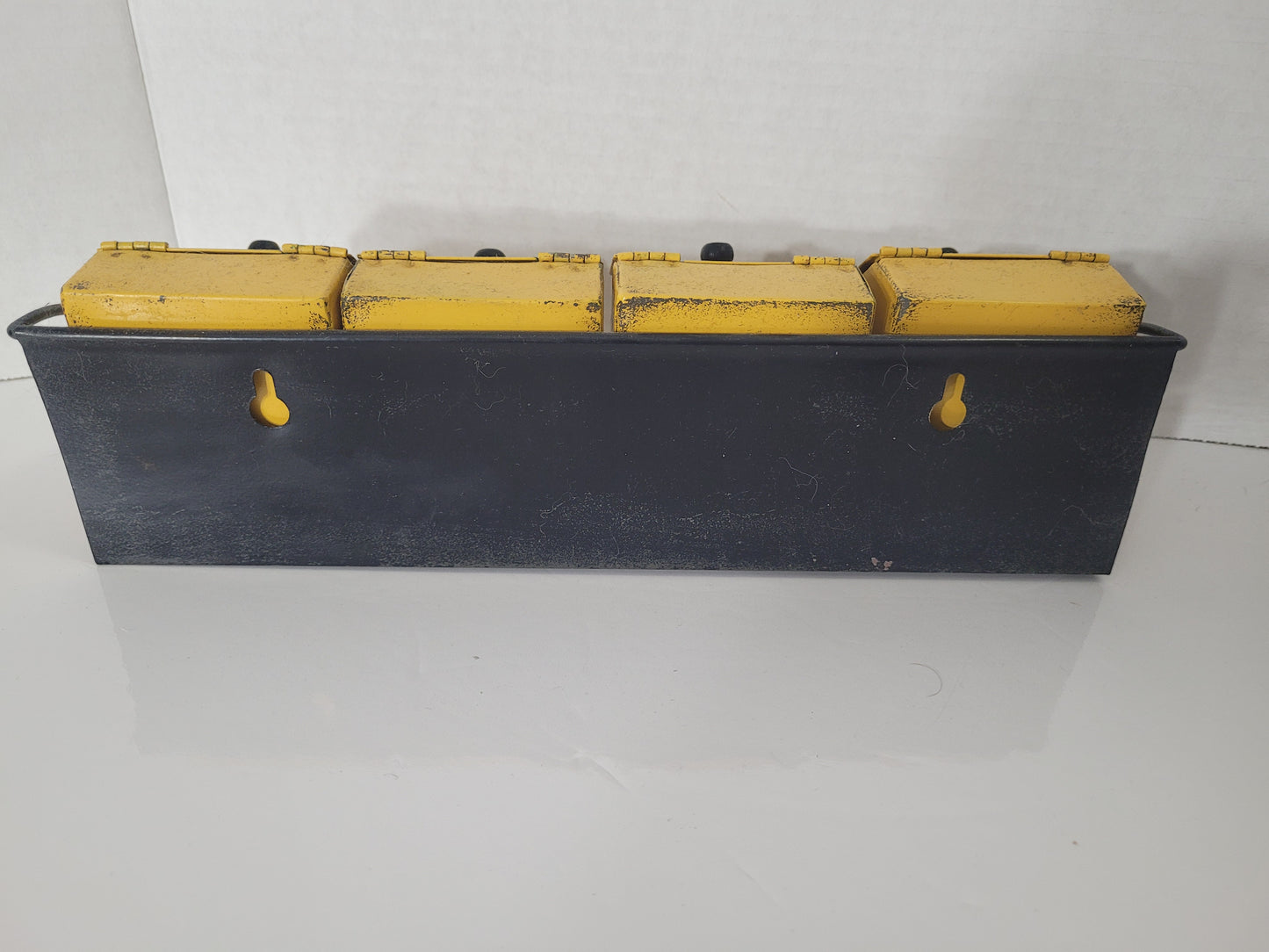 Vintage Yellow Metal Spice Canister Set with Wall Rack – 4 Piece