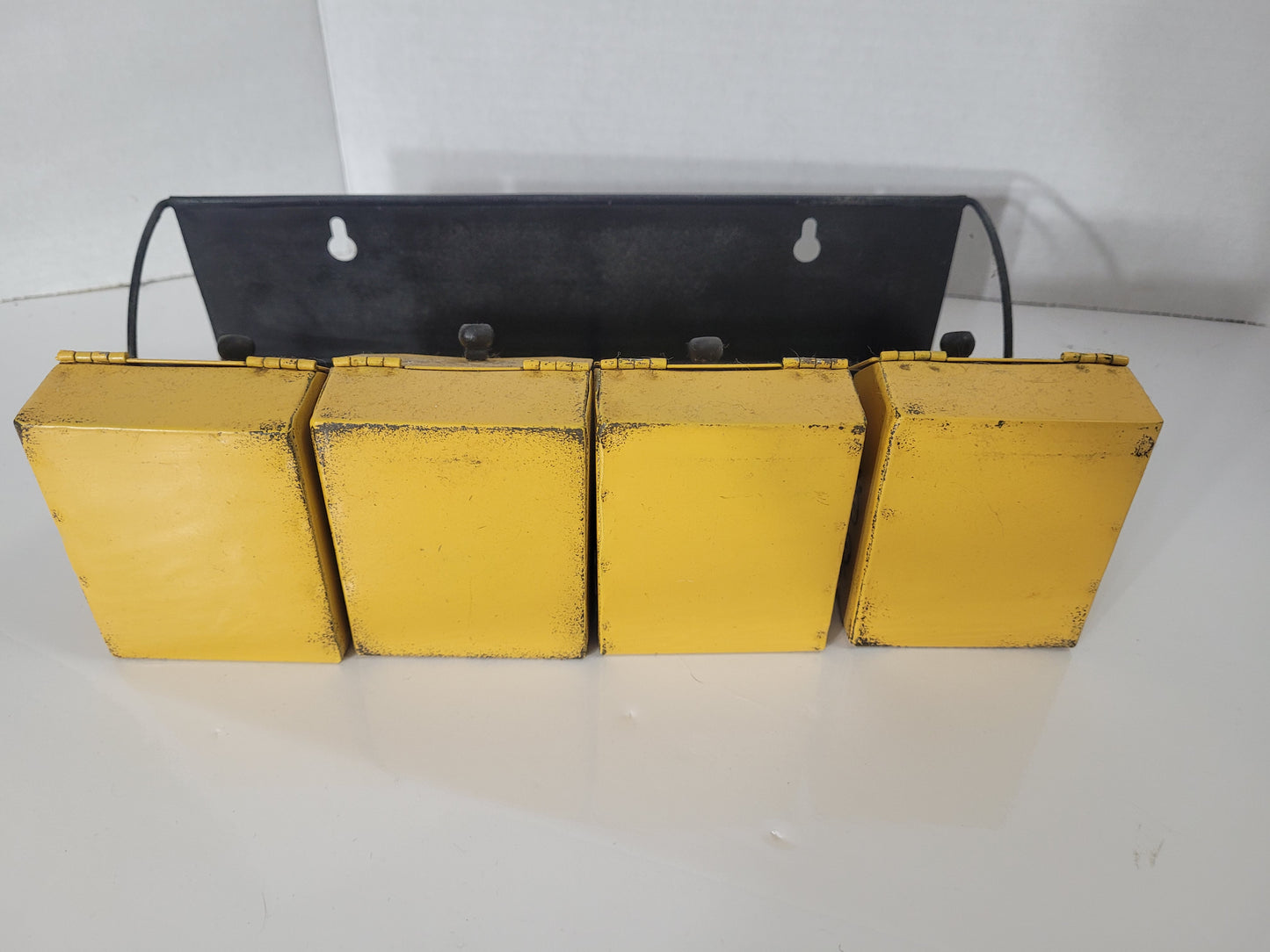 Vintage Yellow Metal Spice Canister Set with Wall Rack – 4 Piece