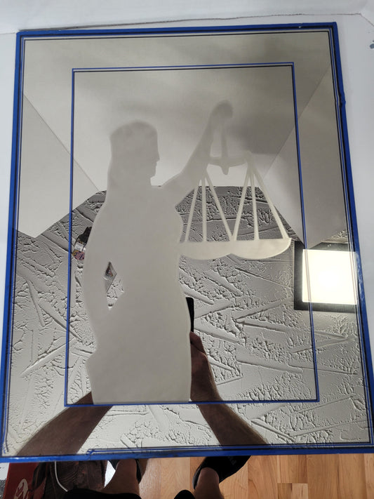 Vintage Lady Justice Etched Mirror – Shadow Glass Etching Saskatoon – 16" × 20"