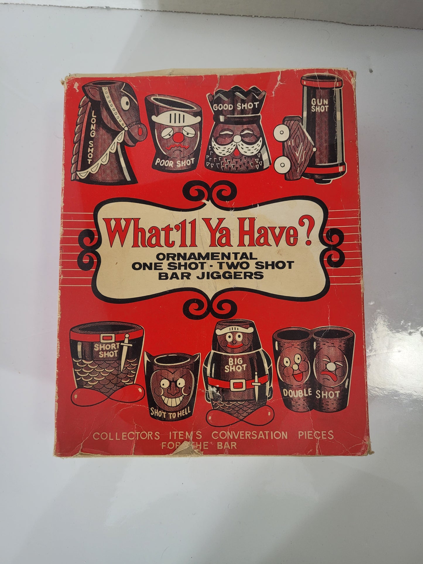Vintage “What’ll Ya Have?” 8-Piece Ceramic Bar Jigger Set – Made in Japan – Original Box