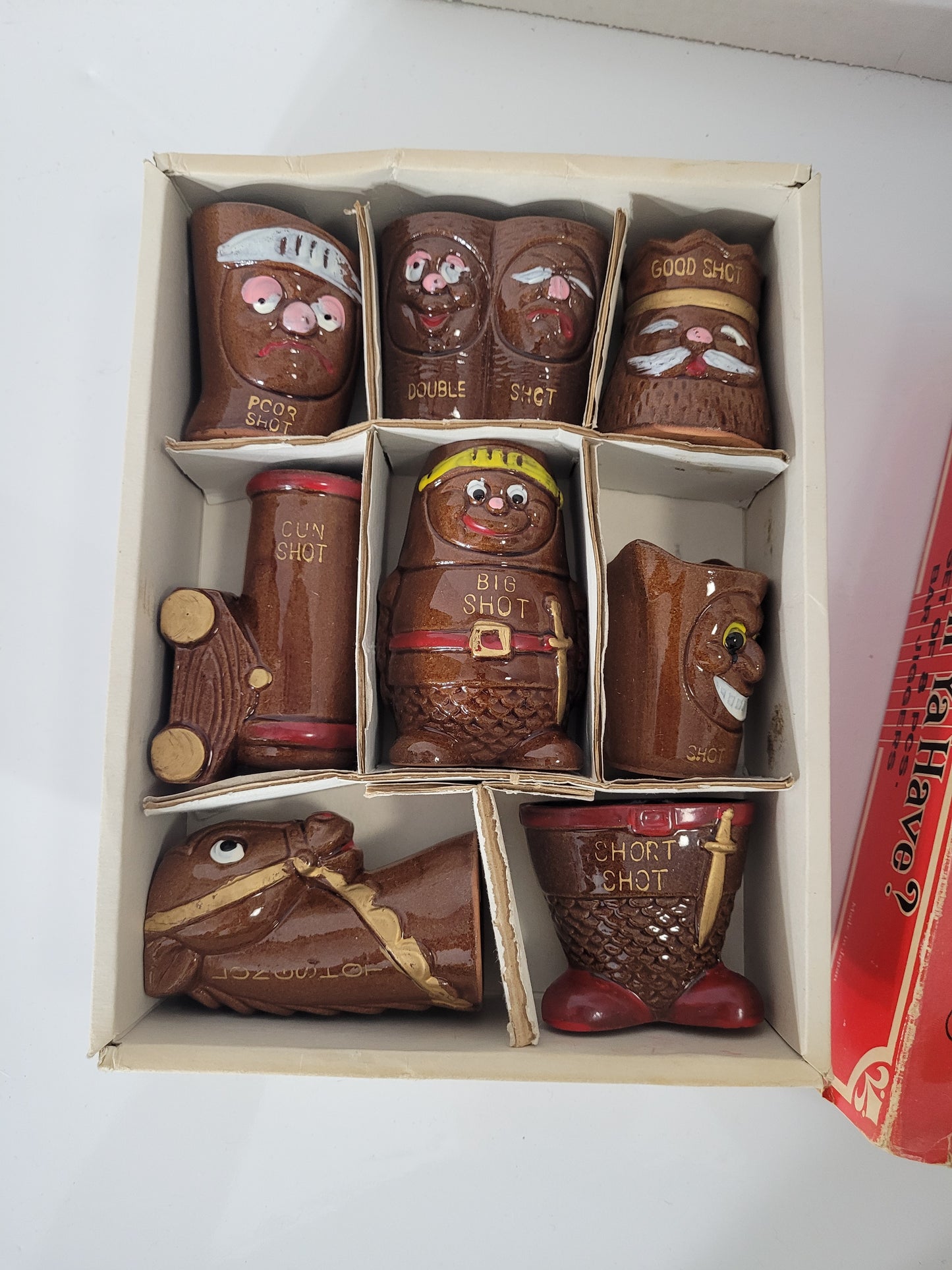 Vintage “What’ll Ya Have?” 8-Piece Ceramic Bar Jigger Set – Made in Japan – Original Box