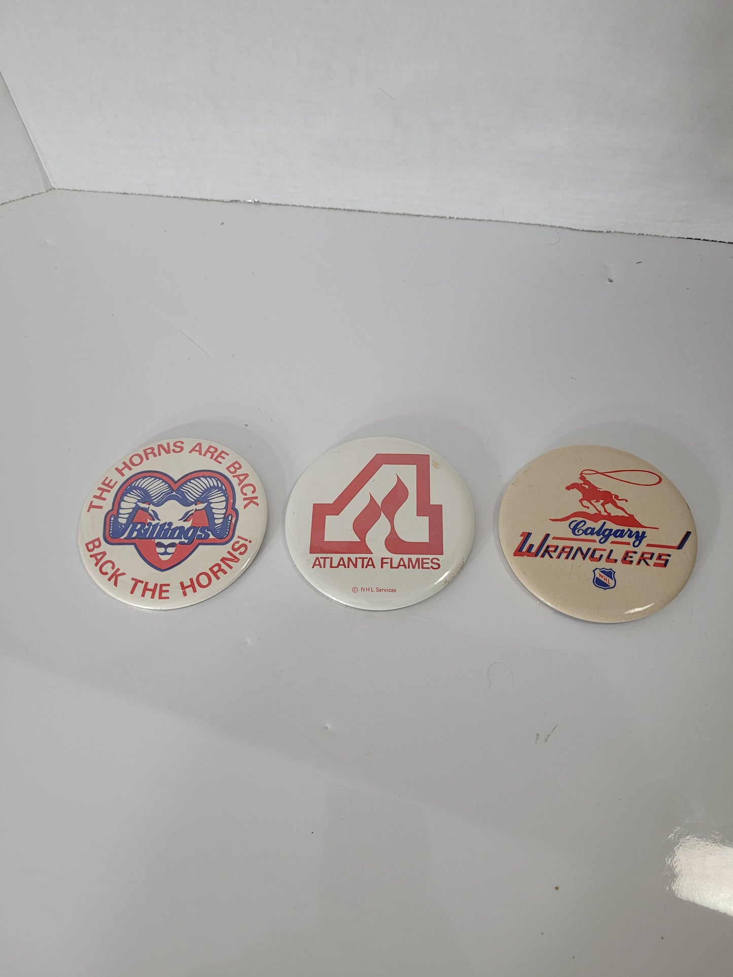 Vintage NHL Hockey Pinback Button Lot – Atlanta Flames, Calgary Wranglers & Billings Bighorns – 3.5"
