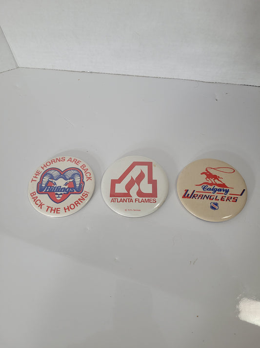 Vintage NHL Hockey Pinback Button Lot – Atlanta Flames, Calgary Wranglers & Billings Bighorns – 3.5"
