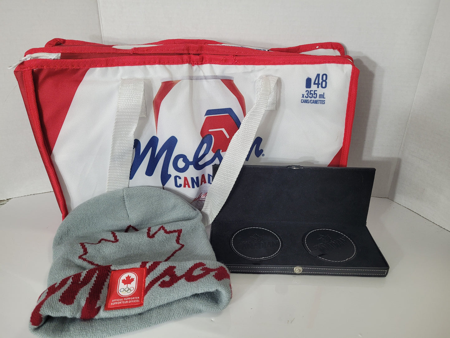 Molson Canadian Collectible Lot – Olympic Toque, Cooler Bag & Leather Coaster Set