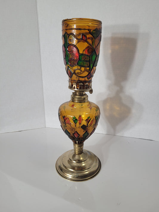 Vintage 1974–75 Bonnie Brae Bowling Lanes Hand-Painted Amber Glass Oil Lamp