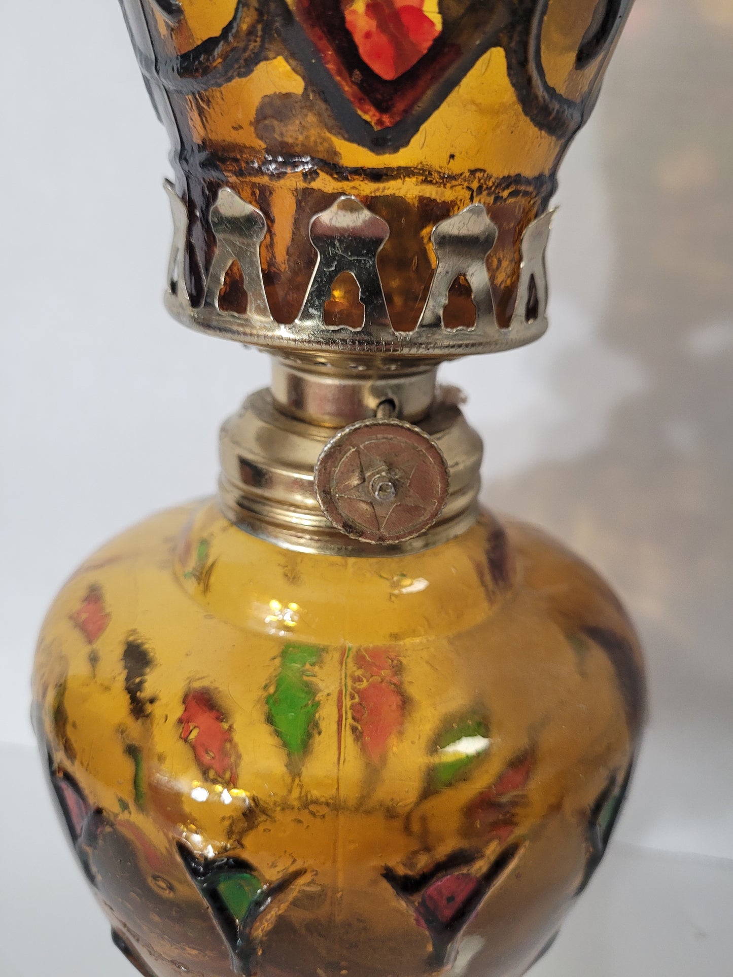 Vintage 1974–75 Bonnie Brae Bowling Lanes Hand-Painted Amber Glass Oil Lamp