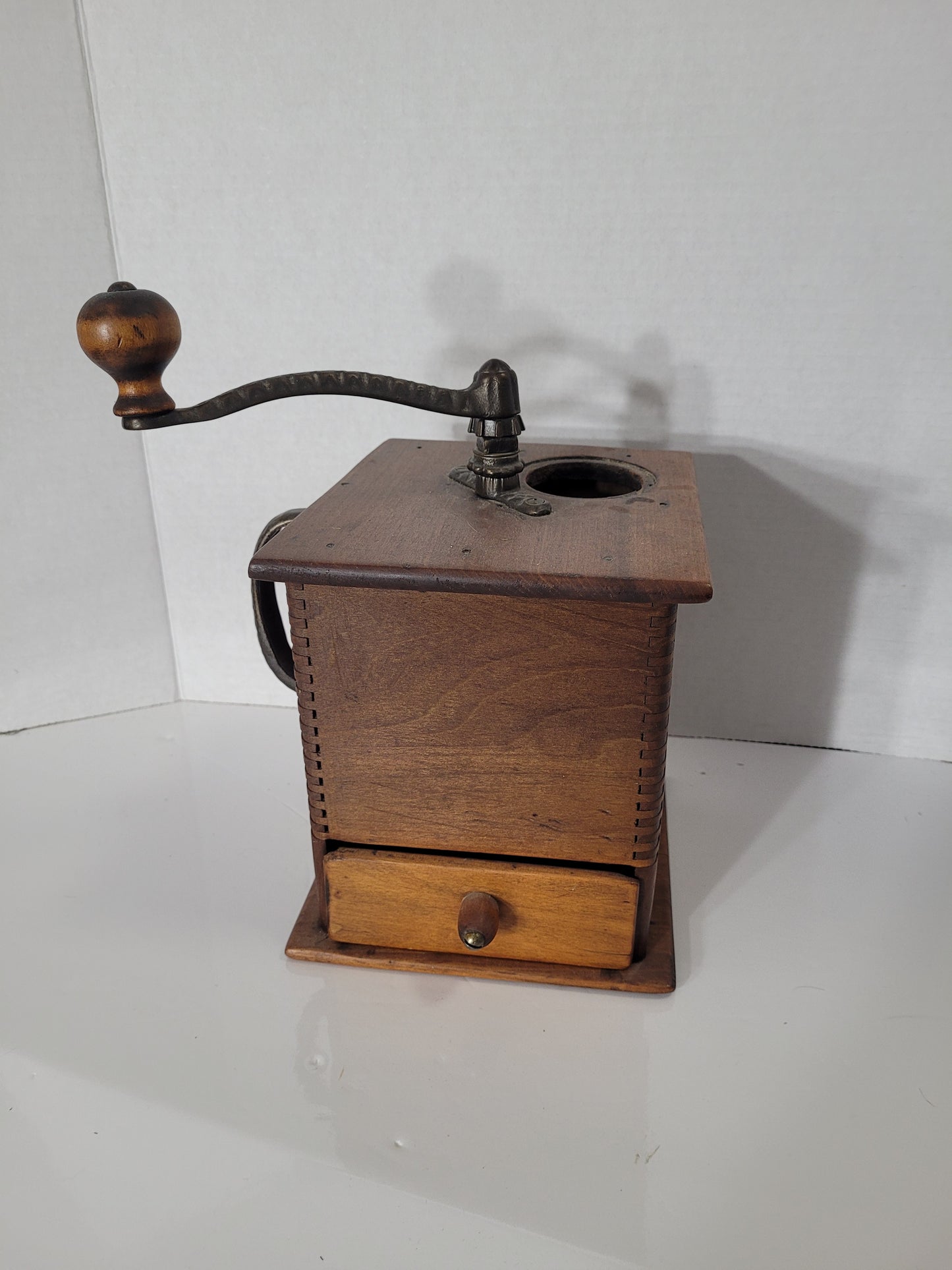 Antique Wooden Hand-Crank Coffee Grinder with Drawer