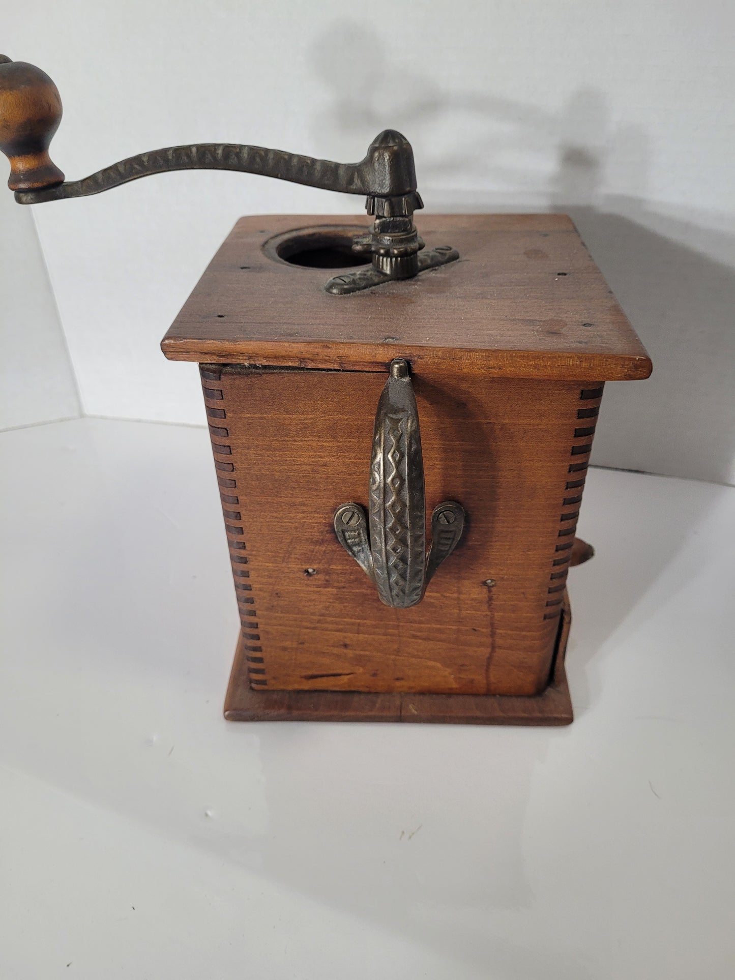 Antique Wooden Hand-Crank Coffee Grinder with Drawer