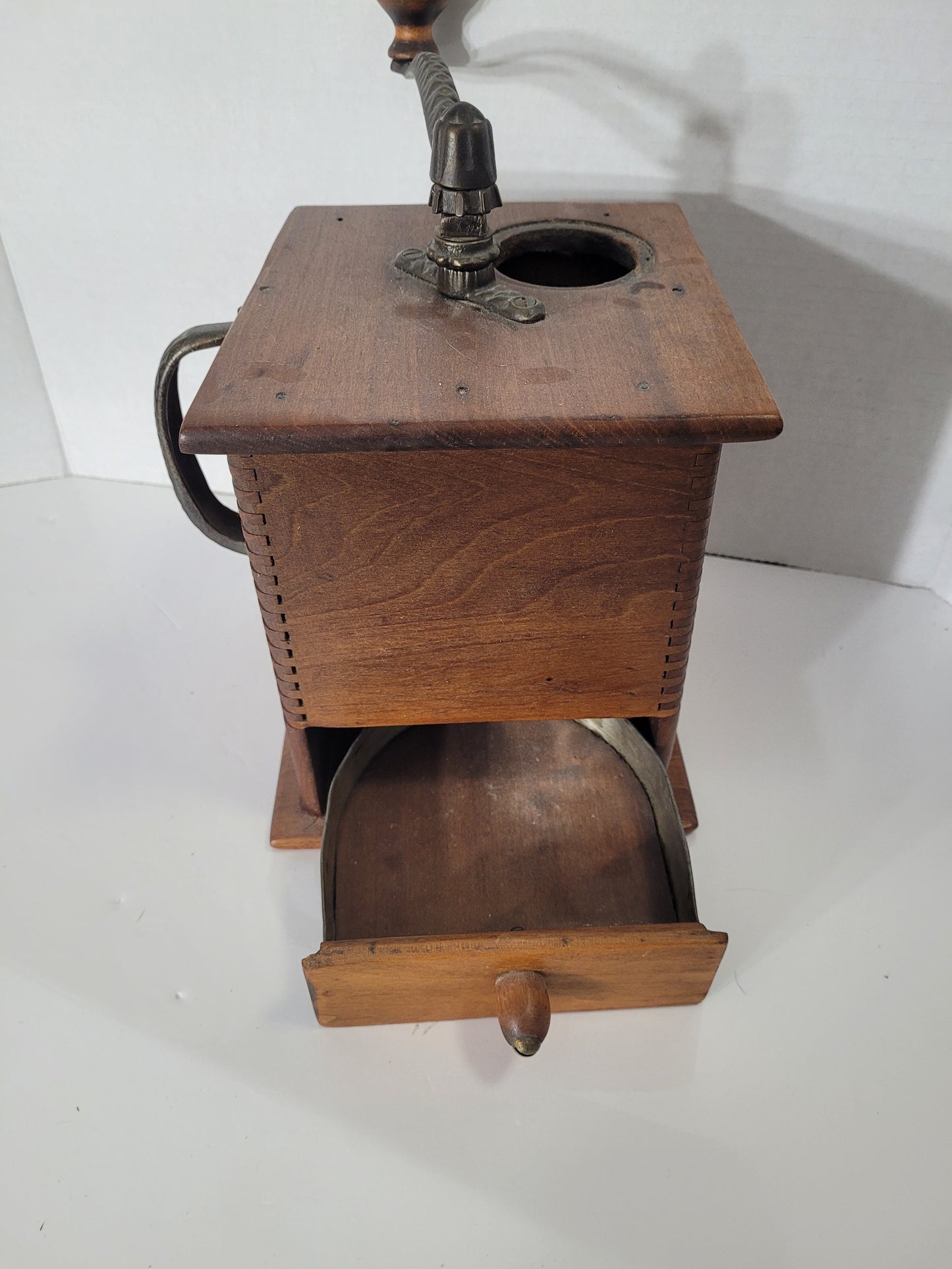 Antique Wooden Hand-Crank Coffee Grinder with Drawer