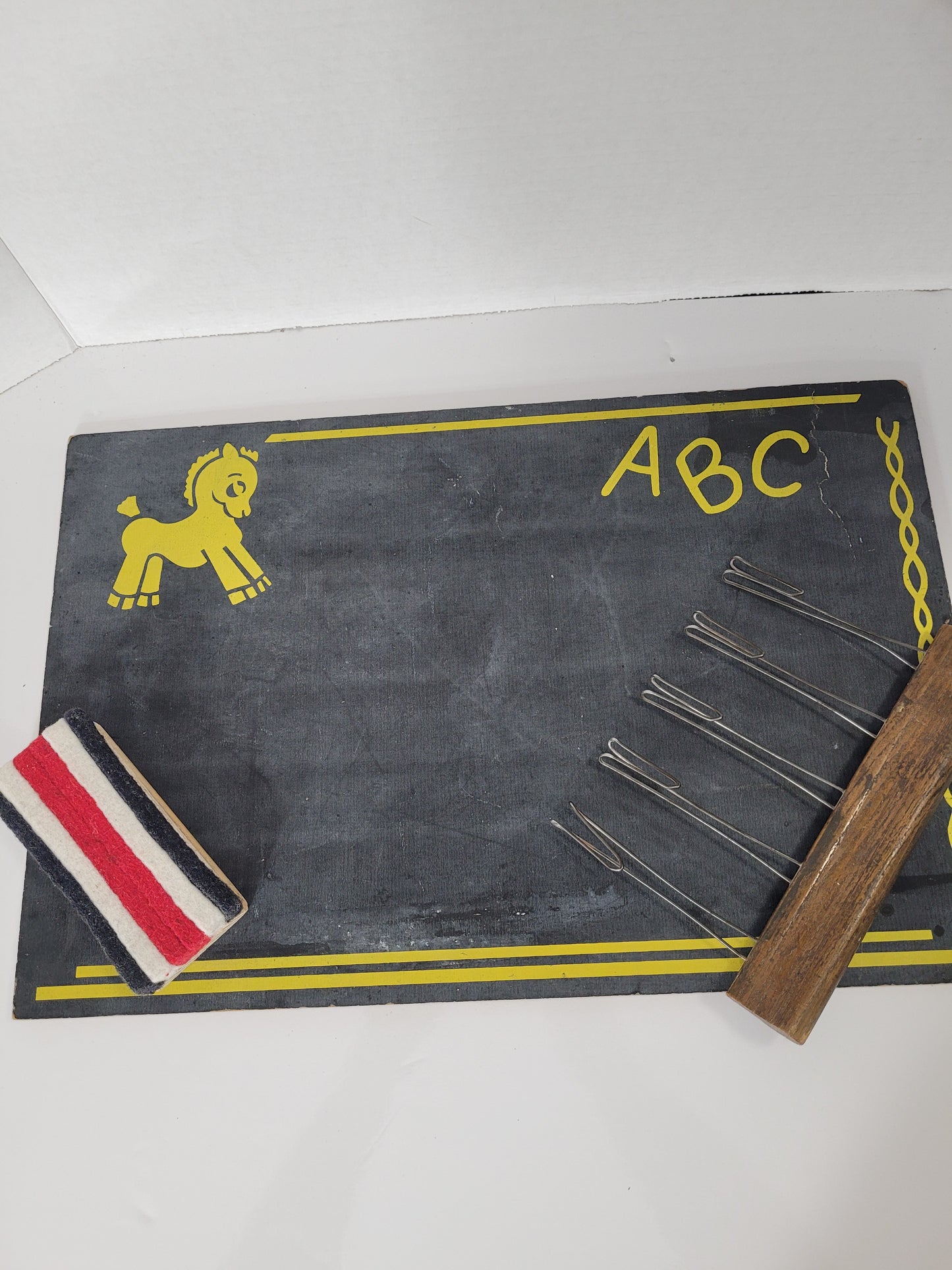 Vintage Child’s ABC Chalkboard Set with Eraser & Music Staff Chalk Holder