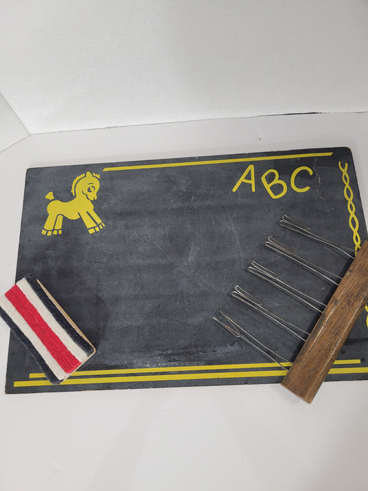Vintage Child’s ABC Chalkboard Set with Eraser & Music Staff Chalk Holder