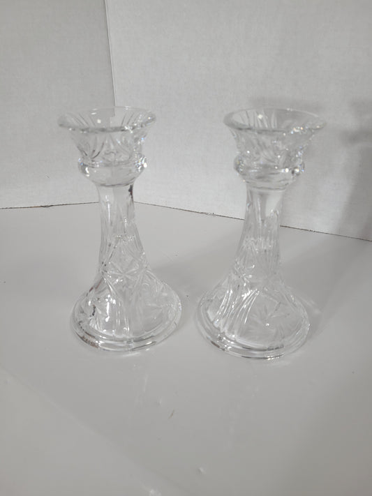 Pair of Vintage Pinwheel Cut Crystal Candlesticks – 6.5"