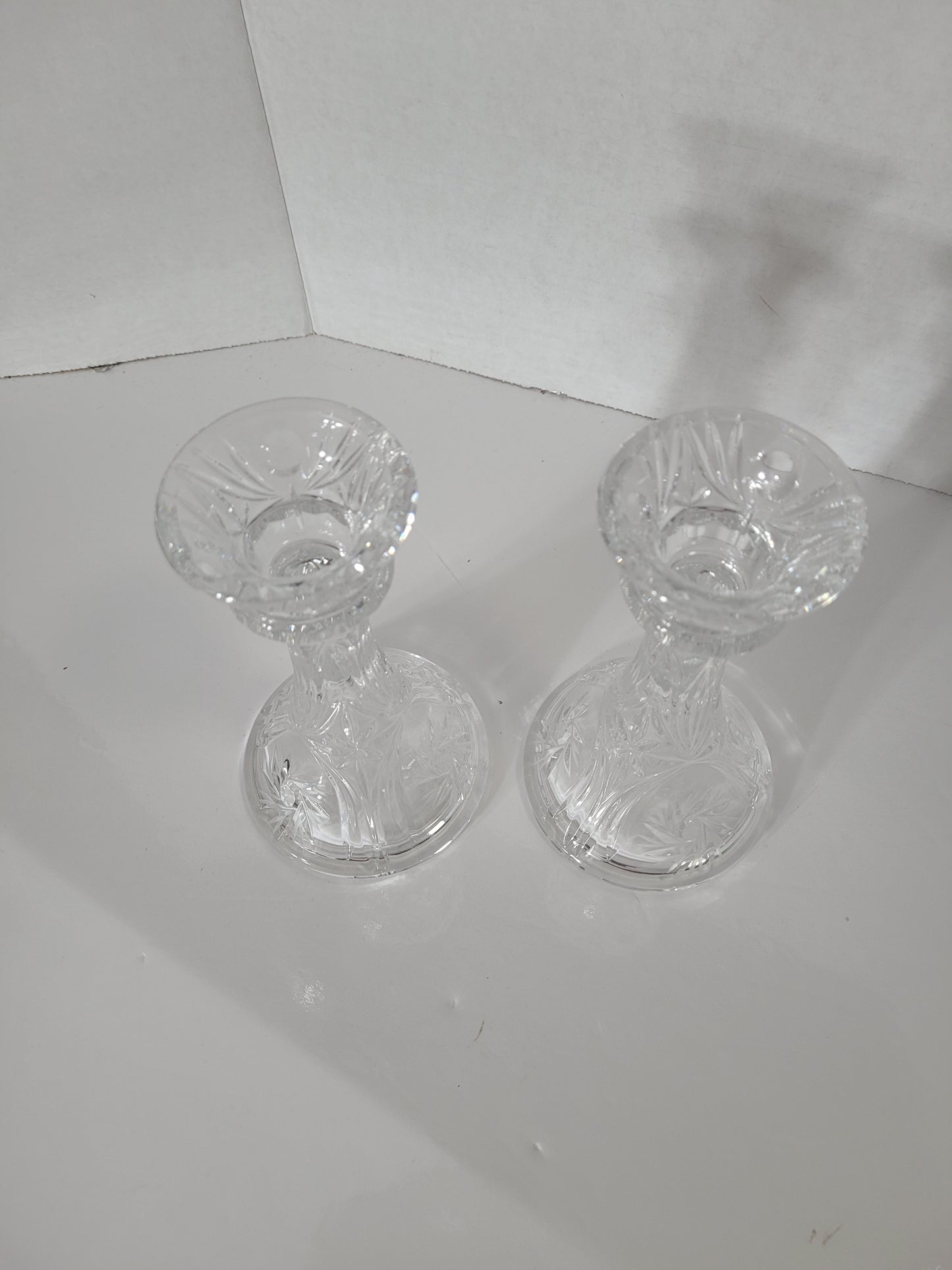 Pair of Vintage Pinwheel Cut Crystal Candlesticks – 6.5"
