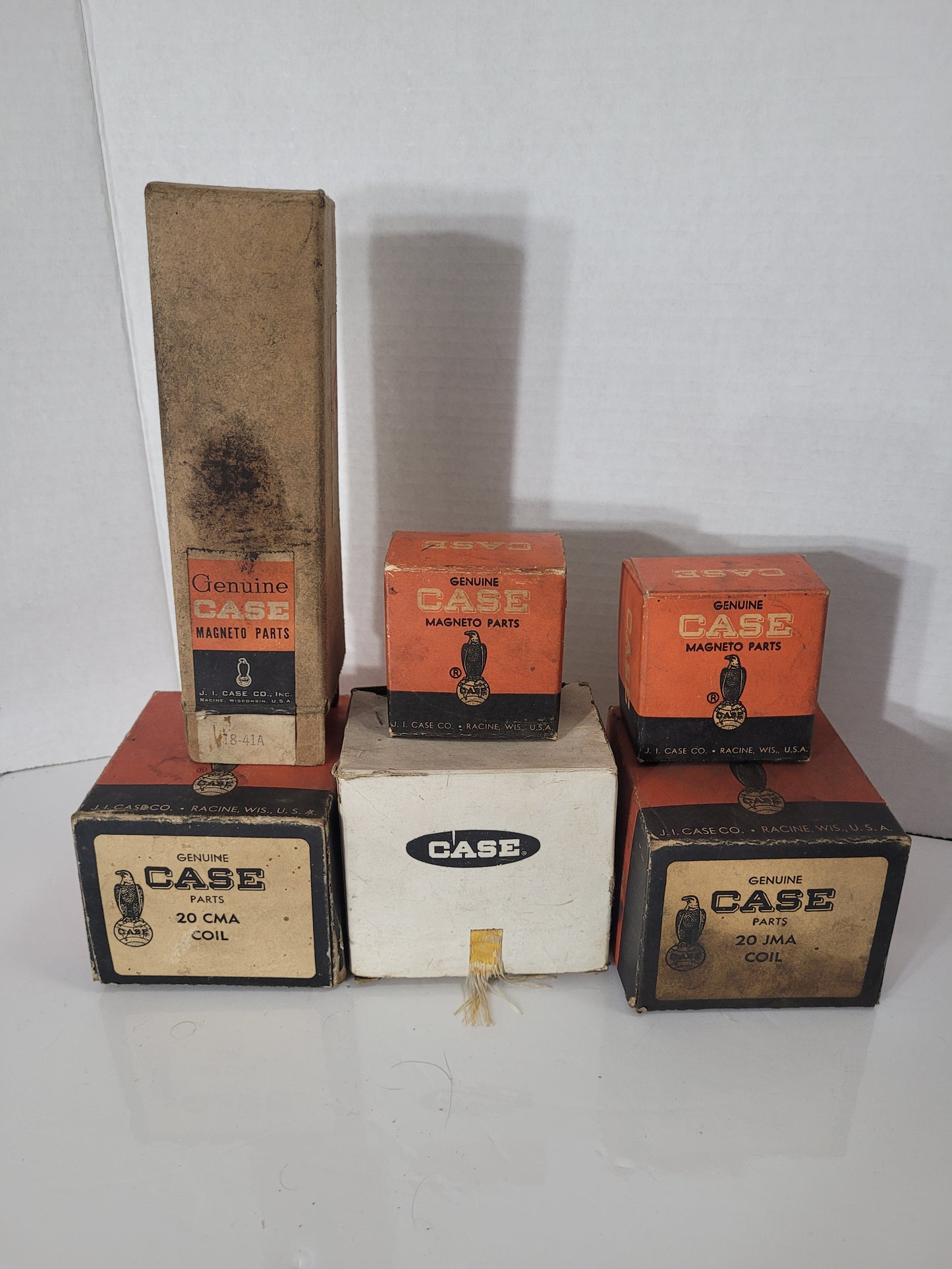 Vintage J.I. Case Genuine Tractor Parts Boxes – Lot of 6 – Magneto & Coil Packaging