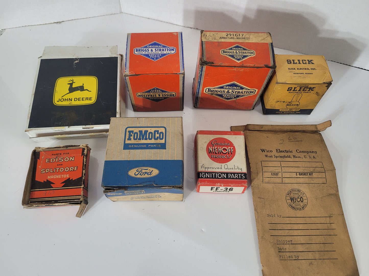 Vintage Farm & Automotive Parts Boxes – John Deere, FoMoCo, Briggs & Stratton, Slick, Wico & More – Lot of 8