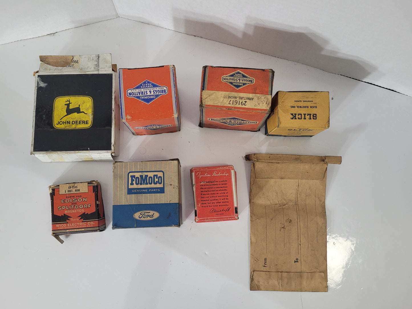 Vintage Farm & Automotive Parts Boxes – John Deere, FoMoCo, Briggs & Stratton, Slick, Wico & More – Lot of 8