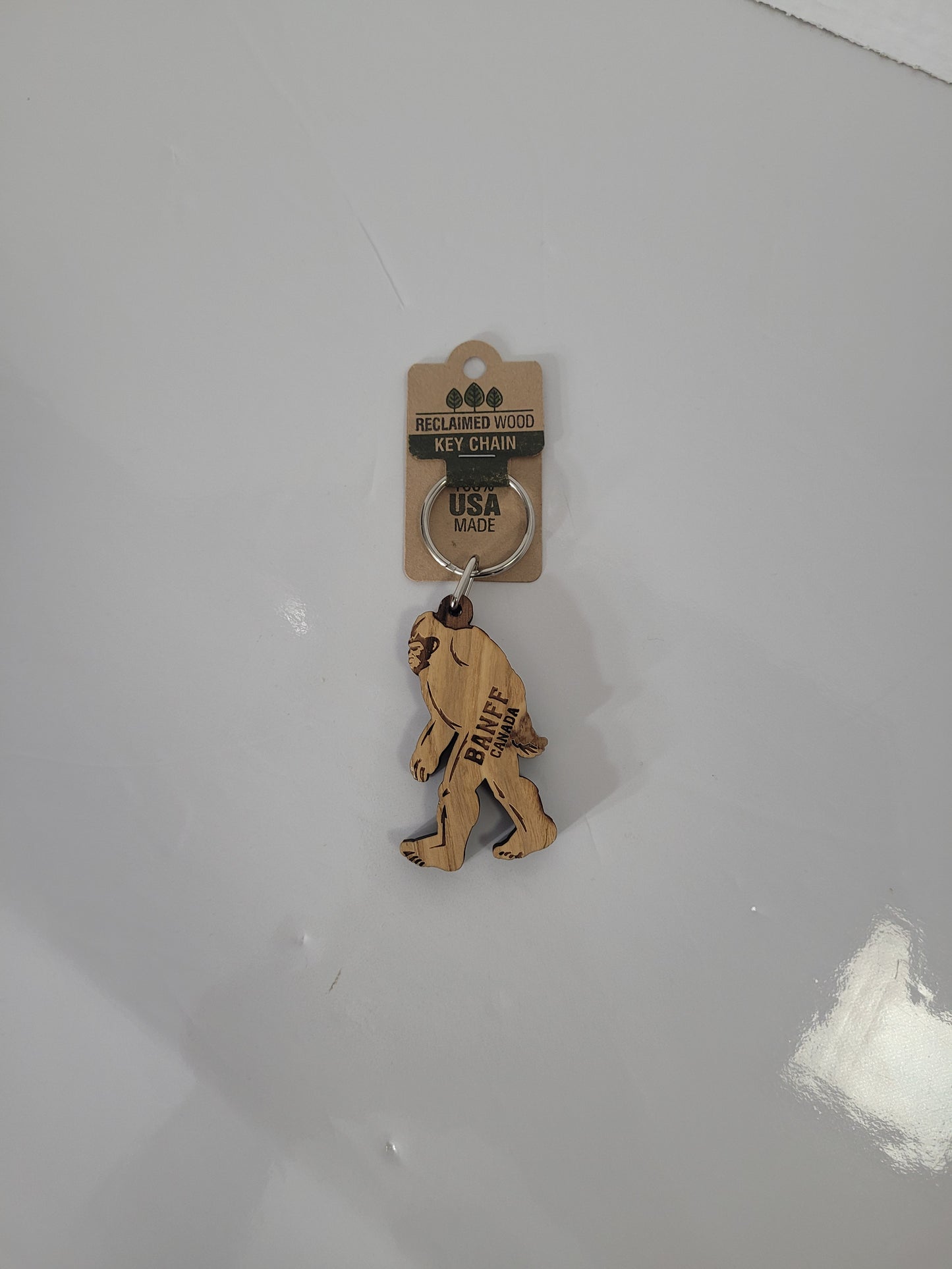 Banff Canada Bigfoot Reclaimed Wood Keychain – 2.5" x 1.5" – USA Made
