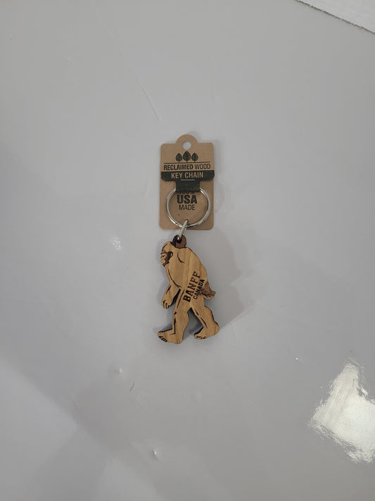Banff Canada Bigfoot Reclaimed Wood Keychain – 2.5" x 1.5" – USA Made