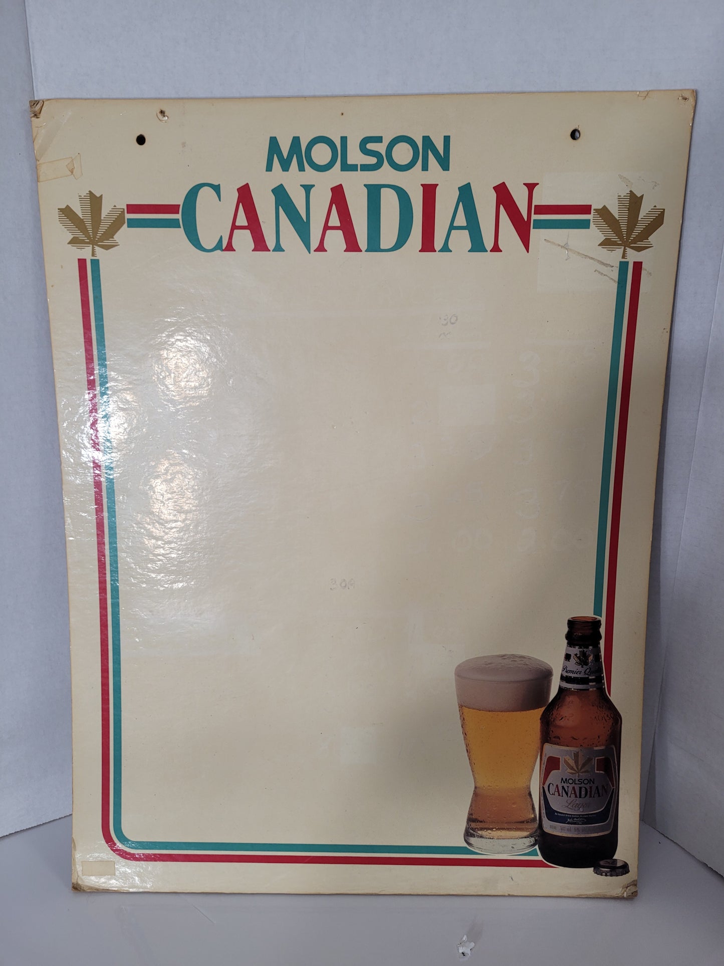 Vintage Molson Canadian Erasable Beer Menu / Price Board – 18" x 24"