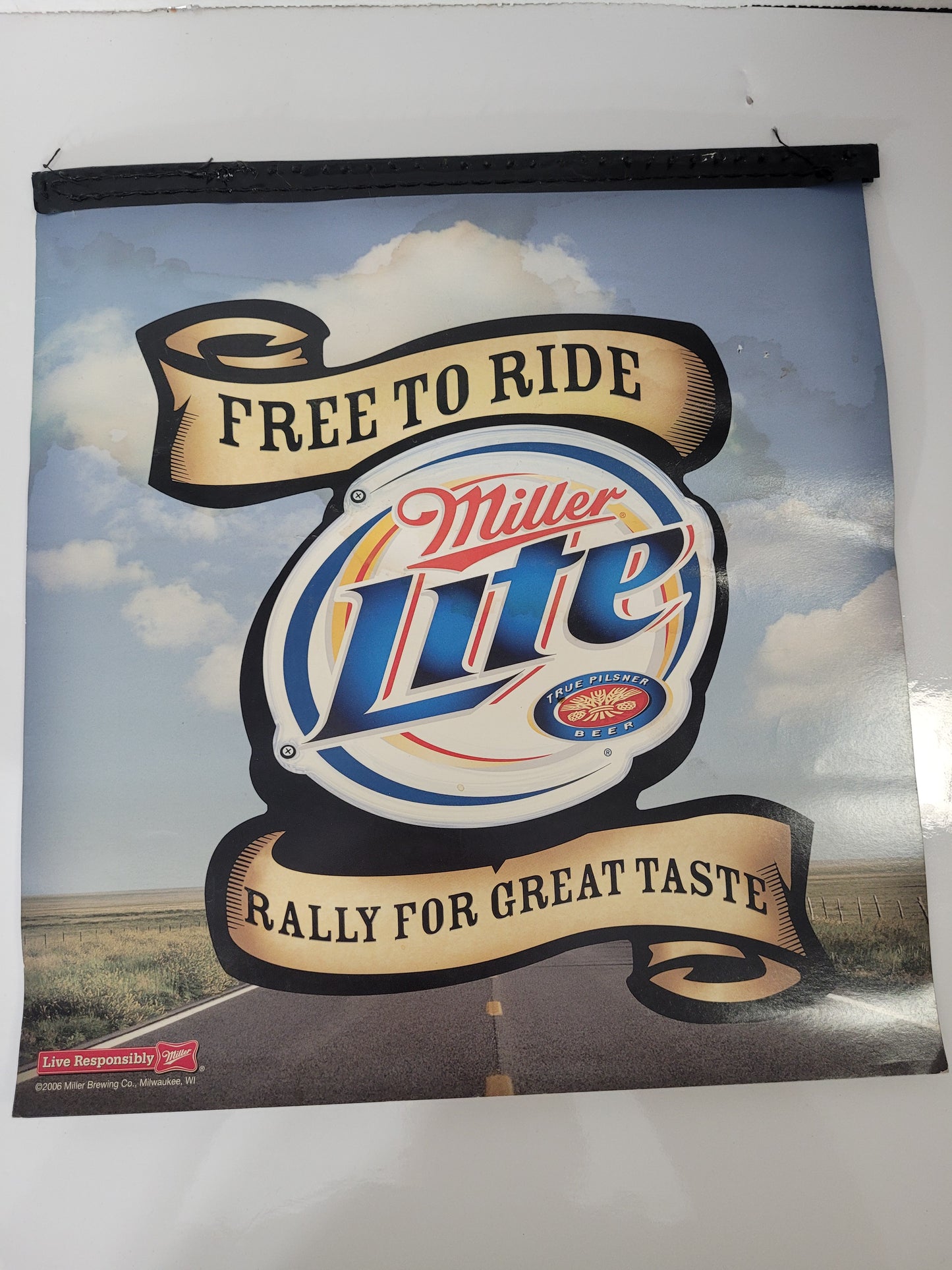 Miller Lite “Free to Ride / Rally for Great Taste” Hanging Beer Sign – 12" x 13"