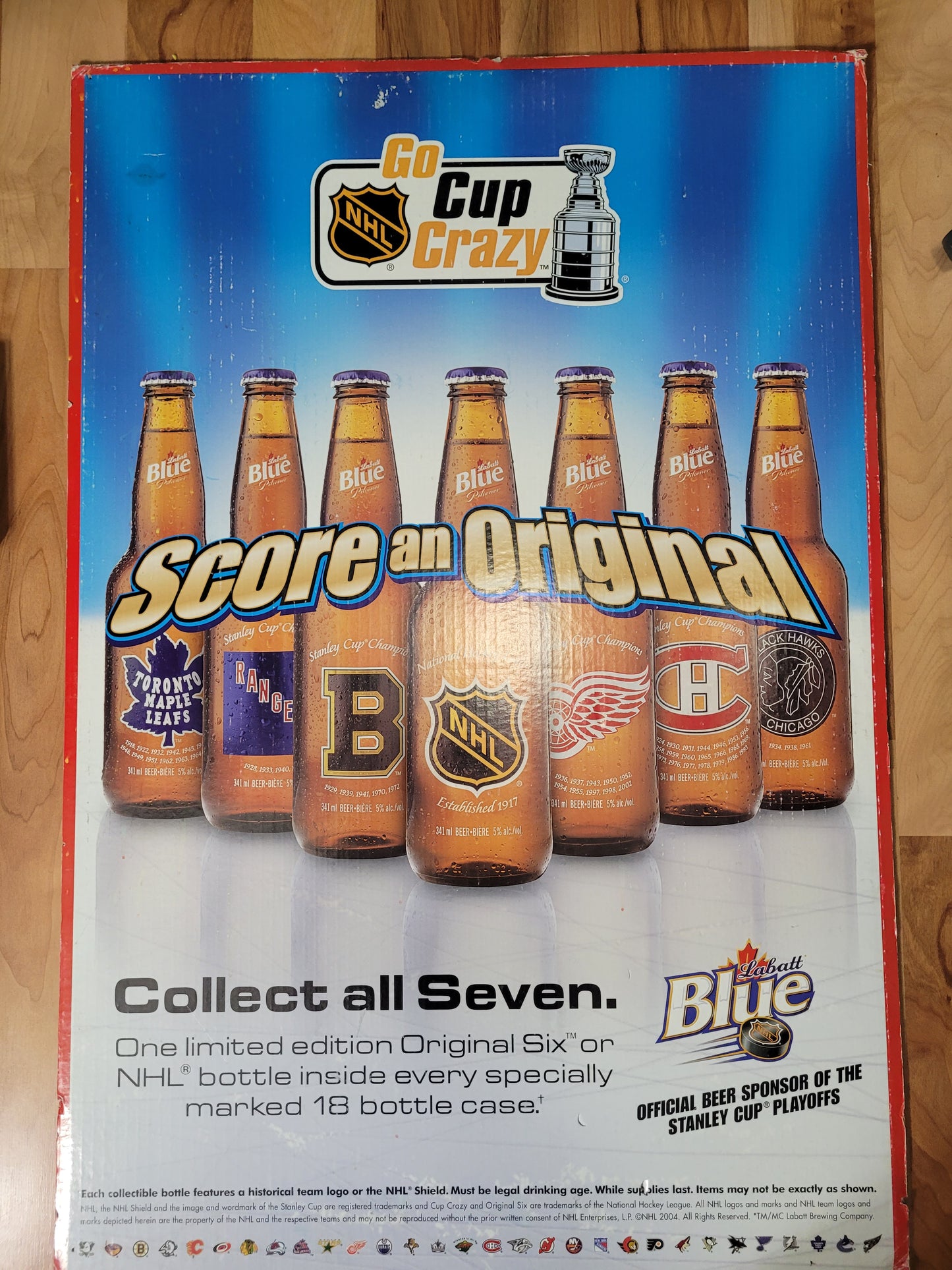 Vintage Labatt Blue NHL “Go Cup Crazy” Original Six Heavy Cardboard Advertising Sign – 24" x 36"