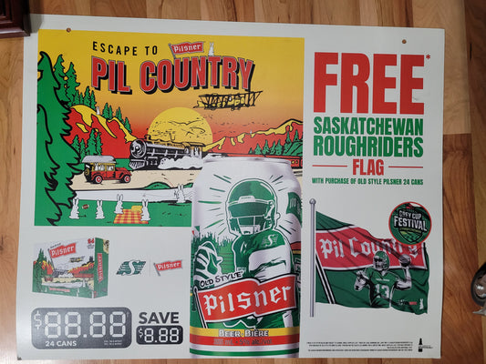 Old Style Pilsner “Rider Weekends” Pil Country Double-Sided Cardboard Advertising Sign – 29" x 24"