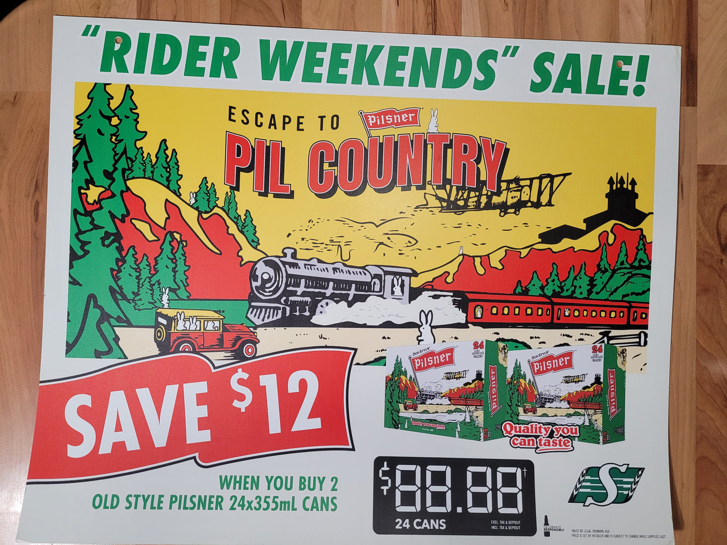 Old Style Pilsner “Rider Weekends” Pil Country Double-Sided Cardboard Advertising Sign – 29" x 24"