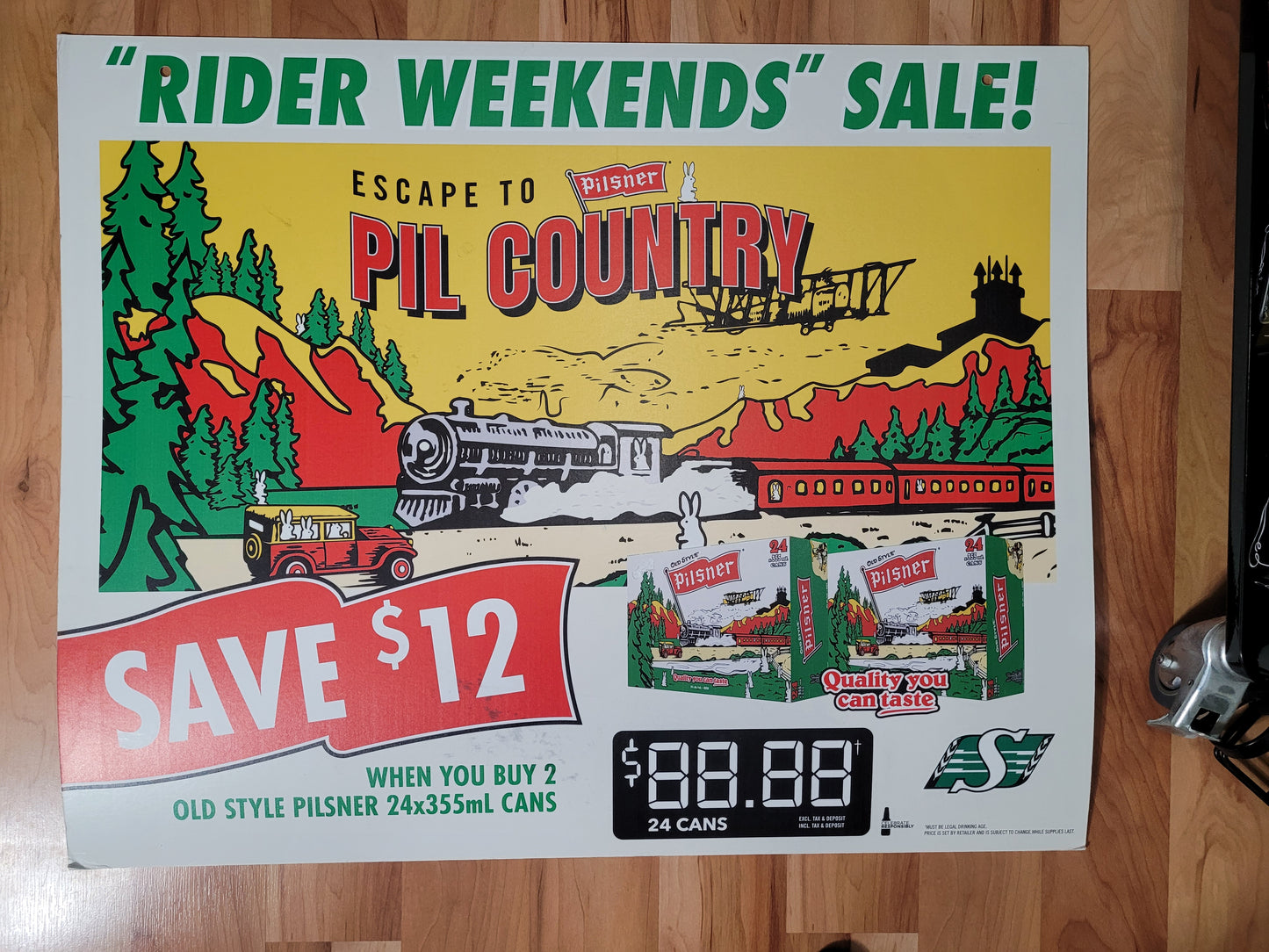 Old Style Pilsner “Rider Weekends” Pil Country Double-Sided Cardboard Advertising Sign – 29" x 24"