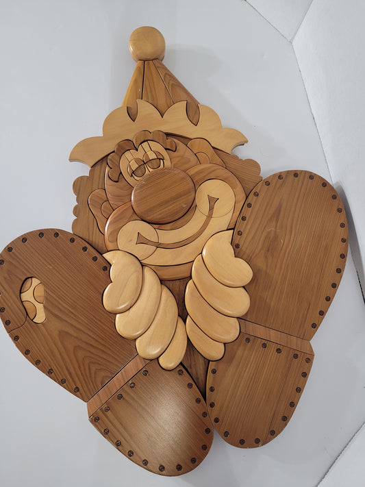 Vintage 1997 Handmade Intarsia Wood Clown Wall Art – Signed – 17.5" x 22"