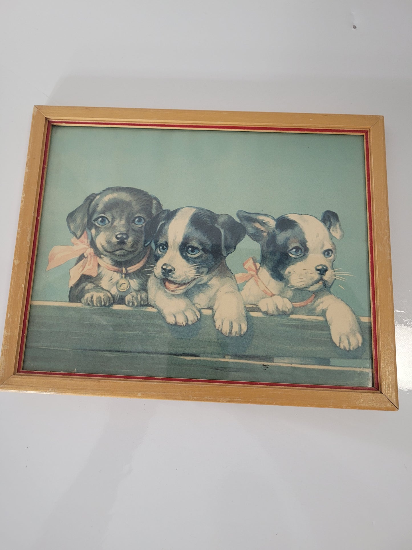 Vintage Framed Puppy Print – Three Dogs – 9.75" x 7.75"