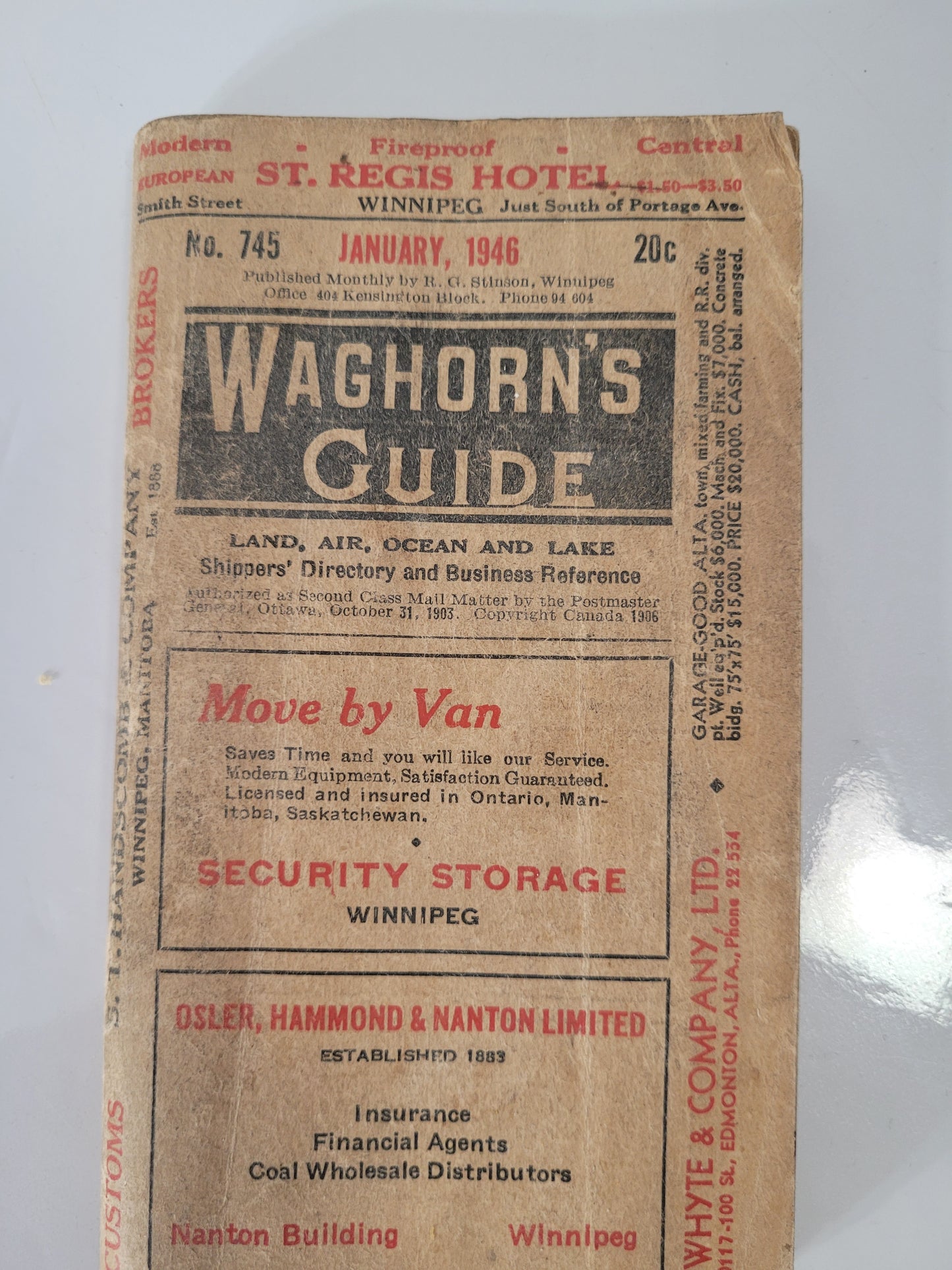 Vintage January 1946 Waghorn’s Guide – Winnipeg Street Map & Business Directory