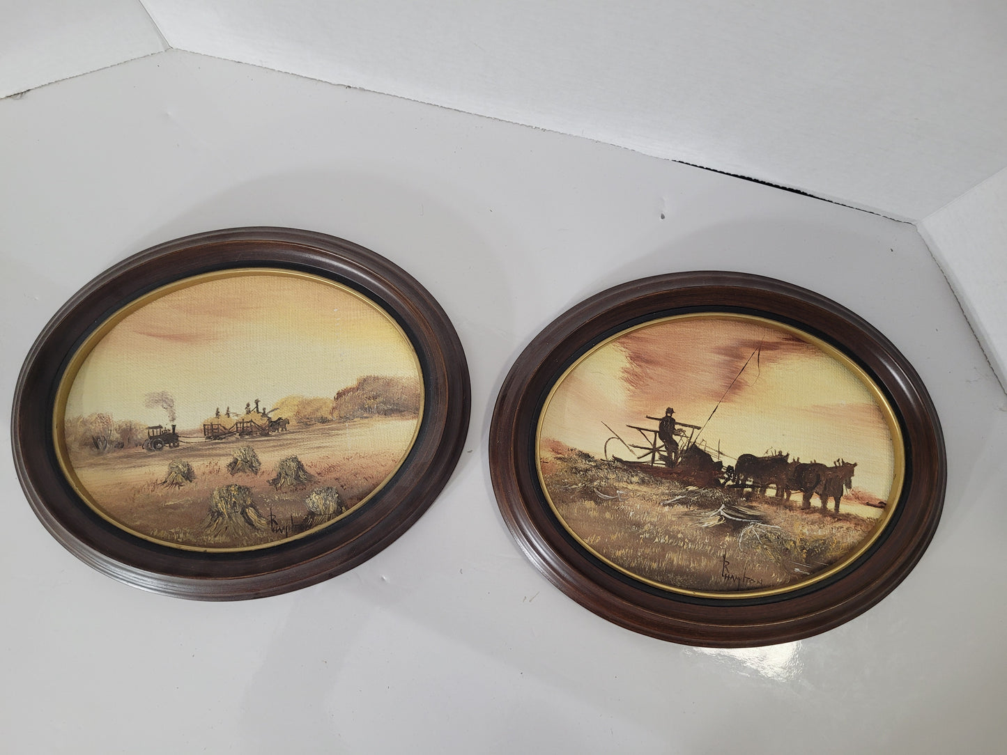 Pair of Signed R. Hamilton Rural Harvest Paintings – Oval Framed Farm Scenes