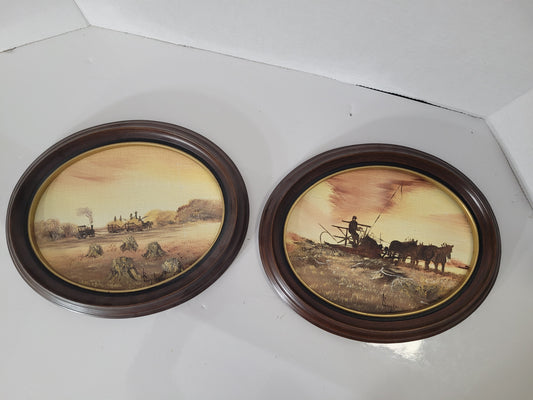 Pair of Signed R. Hamilton Rural Harvest Paintings – Oval Framed Farm Scenes