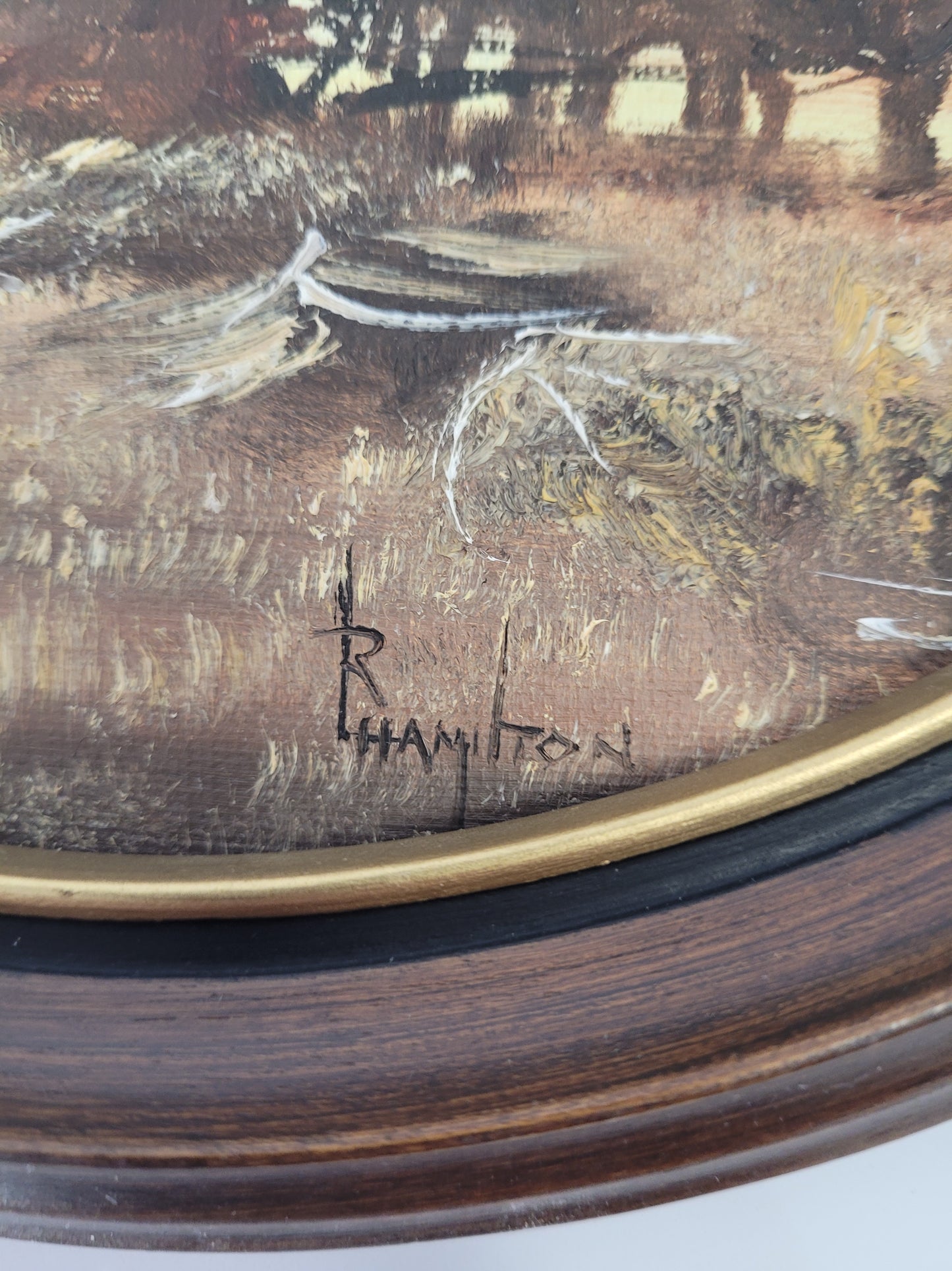 Pair of Signed R. Hamilton Rural Harvest Paintings – Oval Framed Farm Scenes