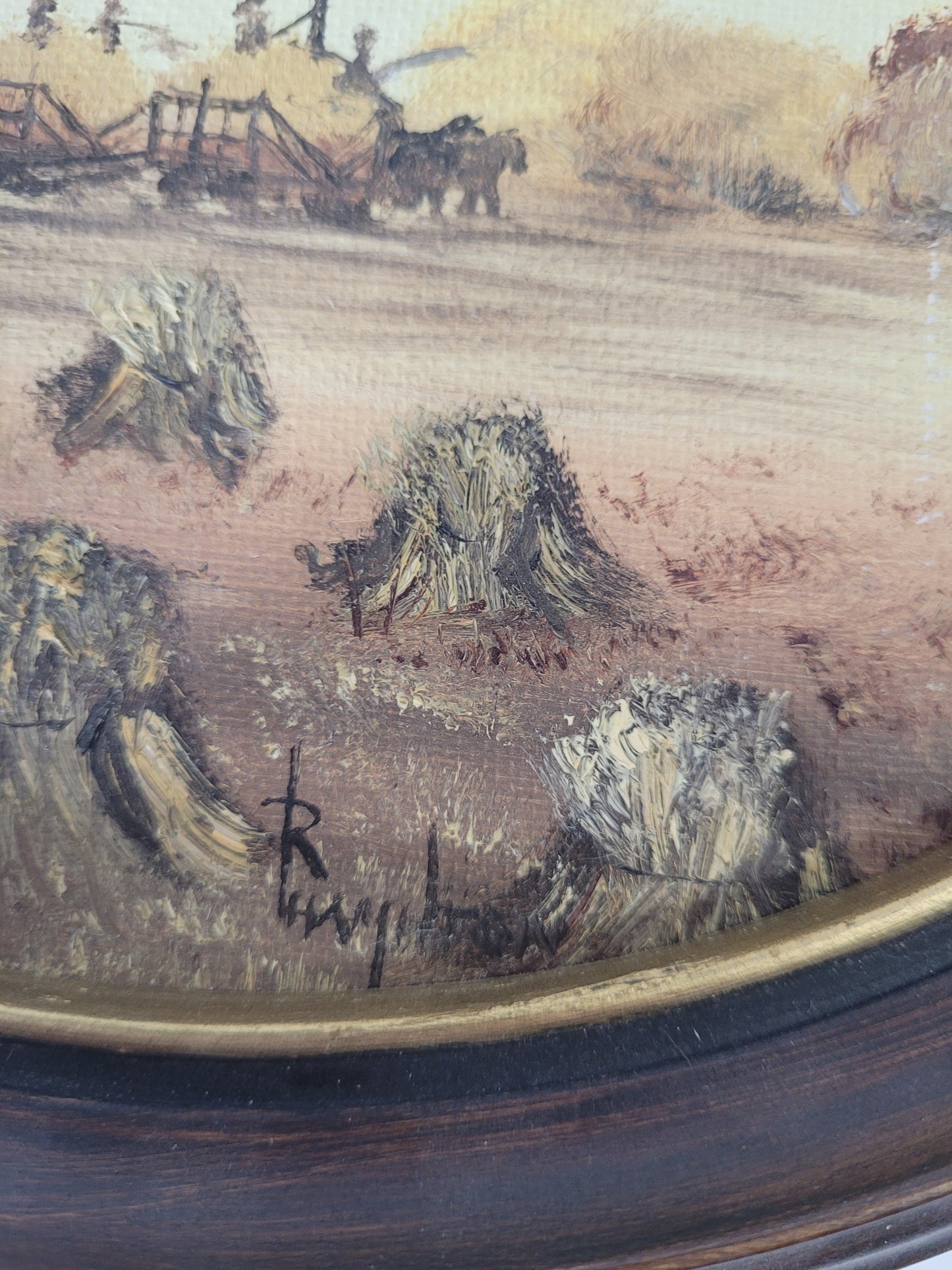 Pair of Signed R. Hamilton Rural Harvest Paintings – Oval Framed Farm Scenes